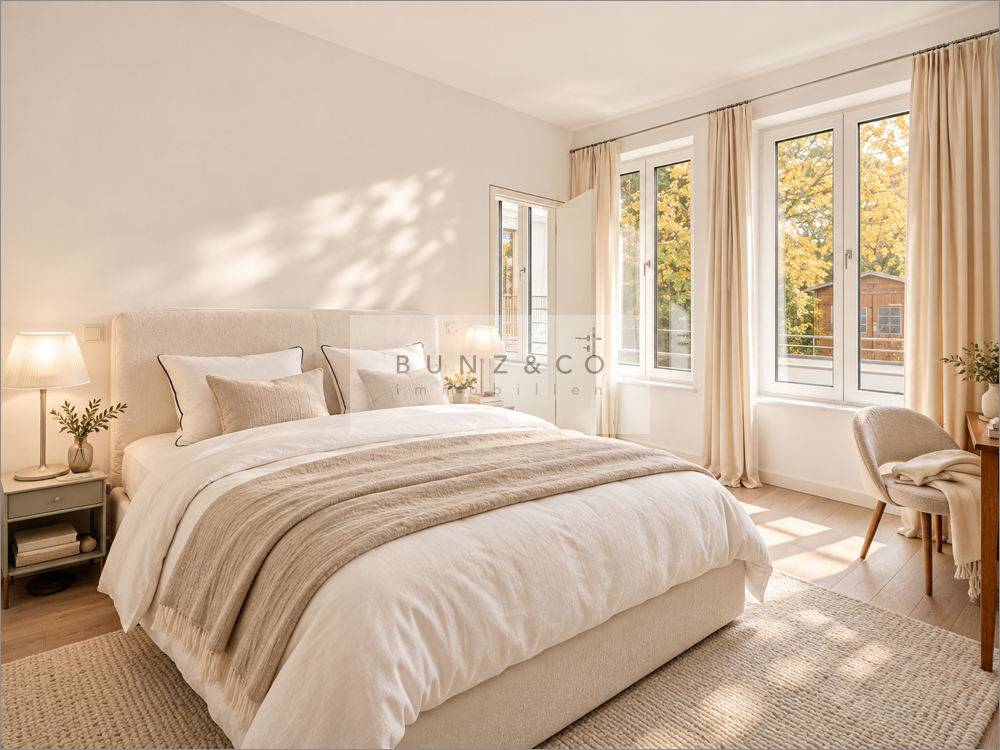 Elternschlafzimmer (KI-bearbeitet – Möblierung teilw. digital ergänzt/verändert.)